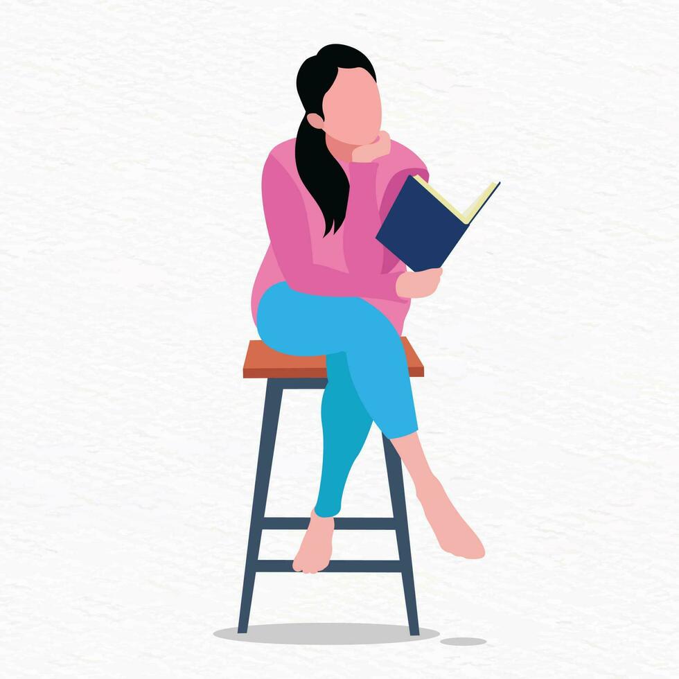 ein Frau sitzt auf ein Schemel und liest ein Buch Vektor Illustration