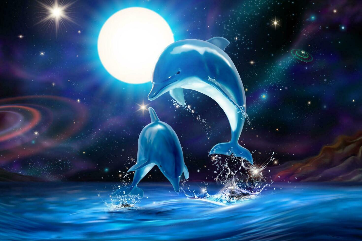 härlig bryter mot flasknos delfiner på attraktiv universum himmel i 3d illustration marin mural vektor