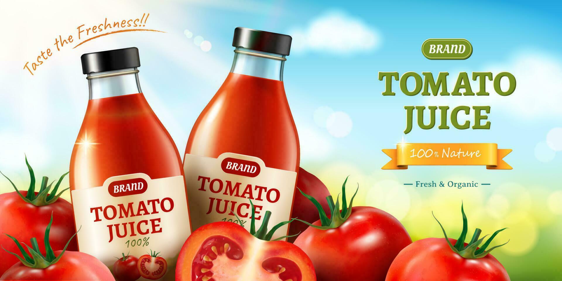 färsk tomat juice annonser med pålar av grönsaker på bokeh blå himmel bakgrund i 3d illustration vektor