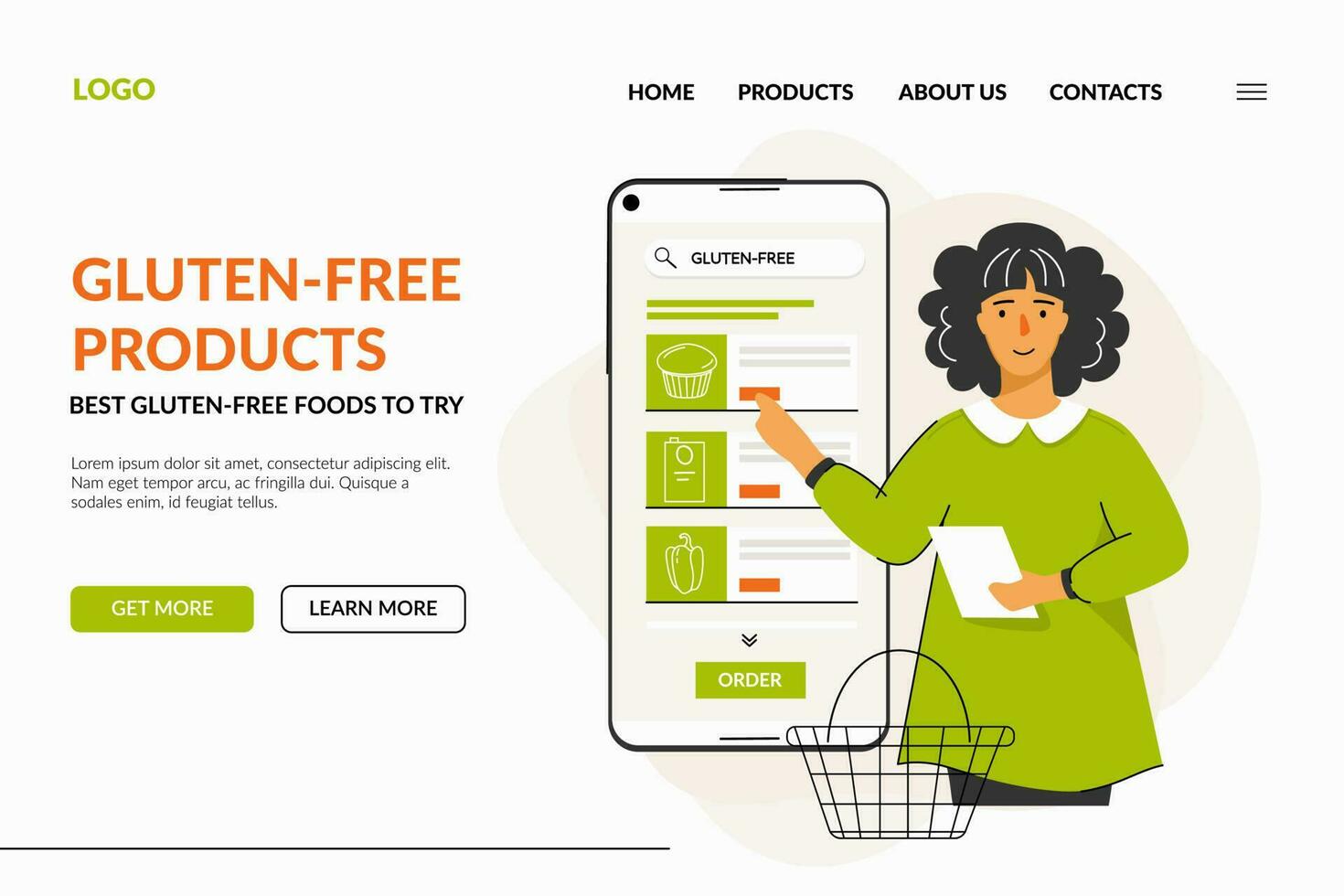 Netz Seite von online Geschäft mit Gluten-frei Produkte. Frau im Smartphone suchen und wählt aus Gluten kostenlos Produkte. Konzept von Gluten kostenlos Diät, Diät Essen, Mahlzeit Planung und online Einkaufen. vektor