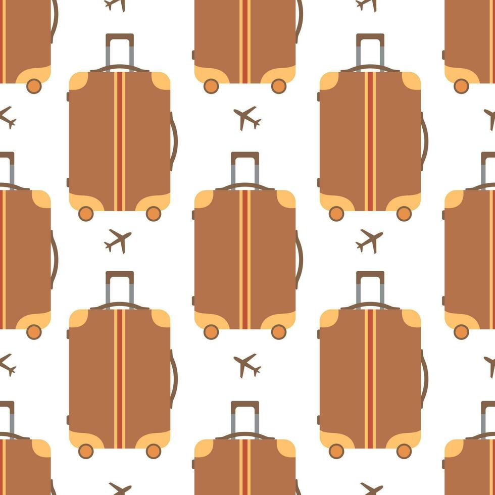 sömlös mönster med brun årgång resväska och flygplan silhuetter. bagage för resa, företag, turism. vektor platt illustration isolerat på vit bakgrund