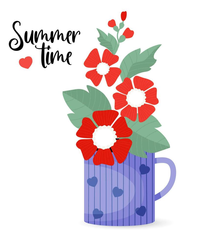 rot Malve Blumen mit Blätter im Tasse. Postkarte Sommer- Zeit. Vektor Illustration. Strauß zum Design, Postkarten, Dekor und Dekoration, drucken.