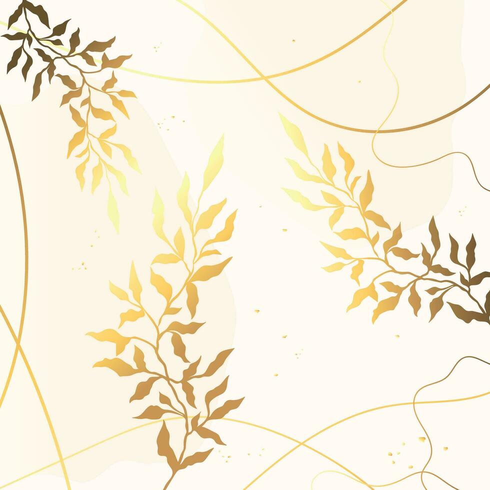 Luxus Gold und Beige Hintergrund mit Pflanze Geäst und Linien. Blume Umriss. Hand gezeichnet. minimal Kunst. Vektor Kunst