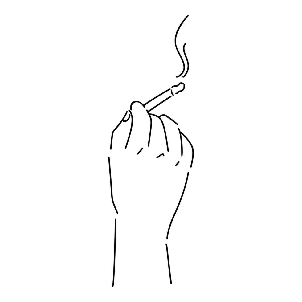 hand innehav cigarett i linje konst, skiss stil. isolerat på vit bakgrund. hand dragen vektor illustration.