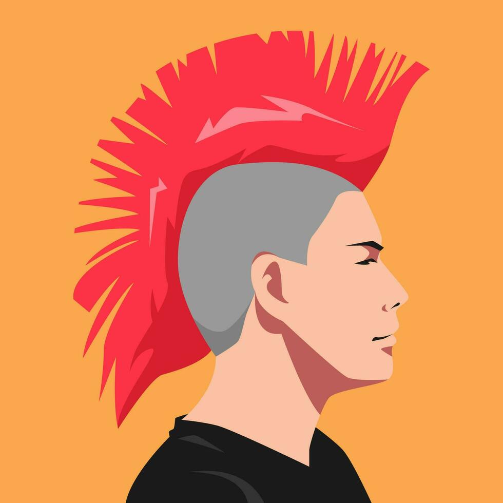 punk- kille med en mohawk frisyr. sida se. lämplig för avatar, social media profil, skriva ut, affisch. platt vektor illustration.