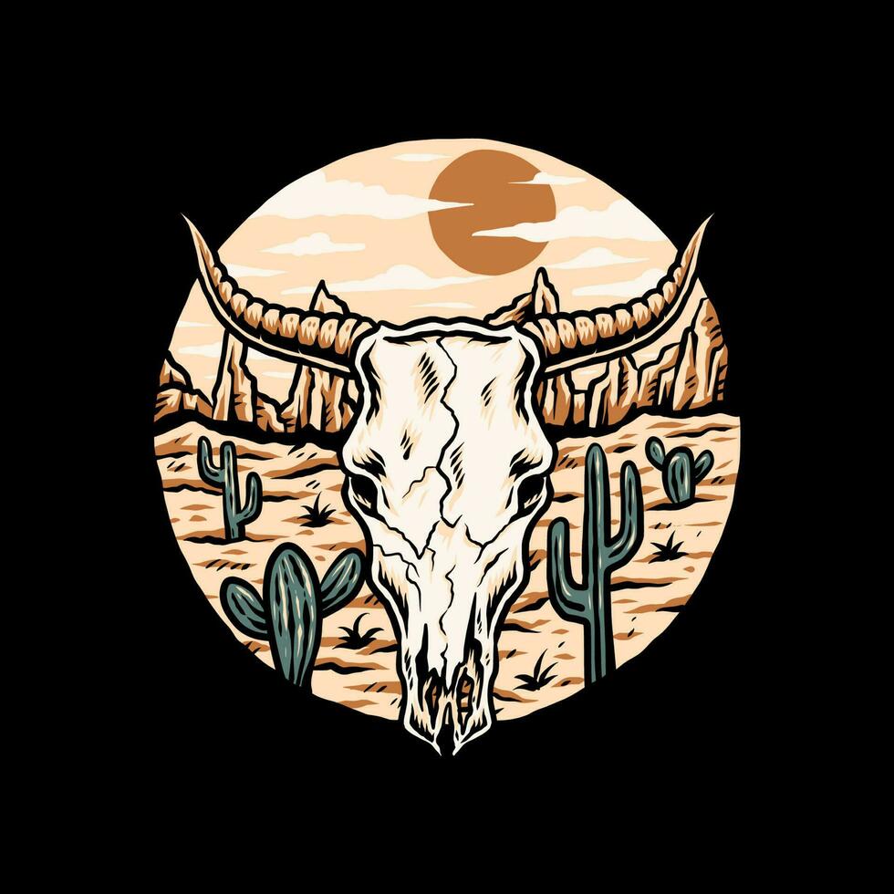 buffel skalle på de öken- hand dragen linje stil med digital Färg, vektor illustration