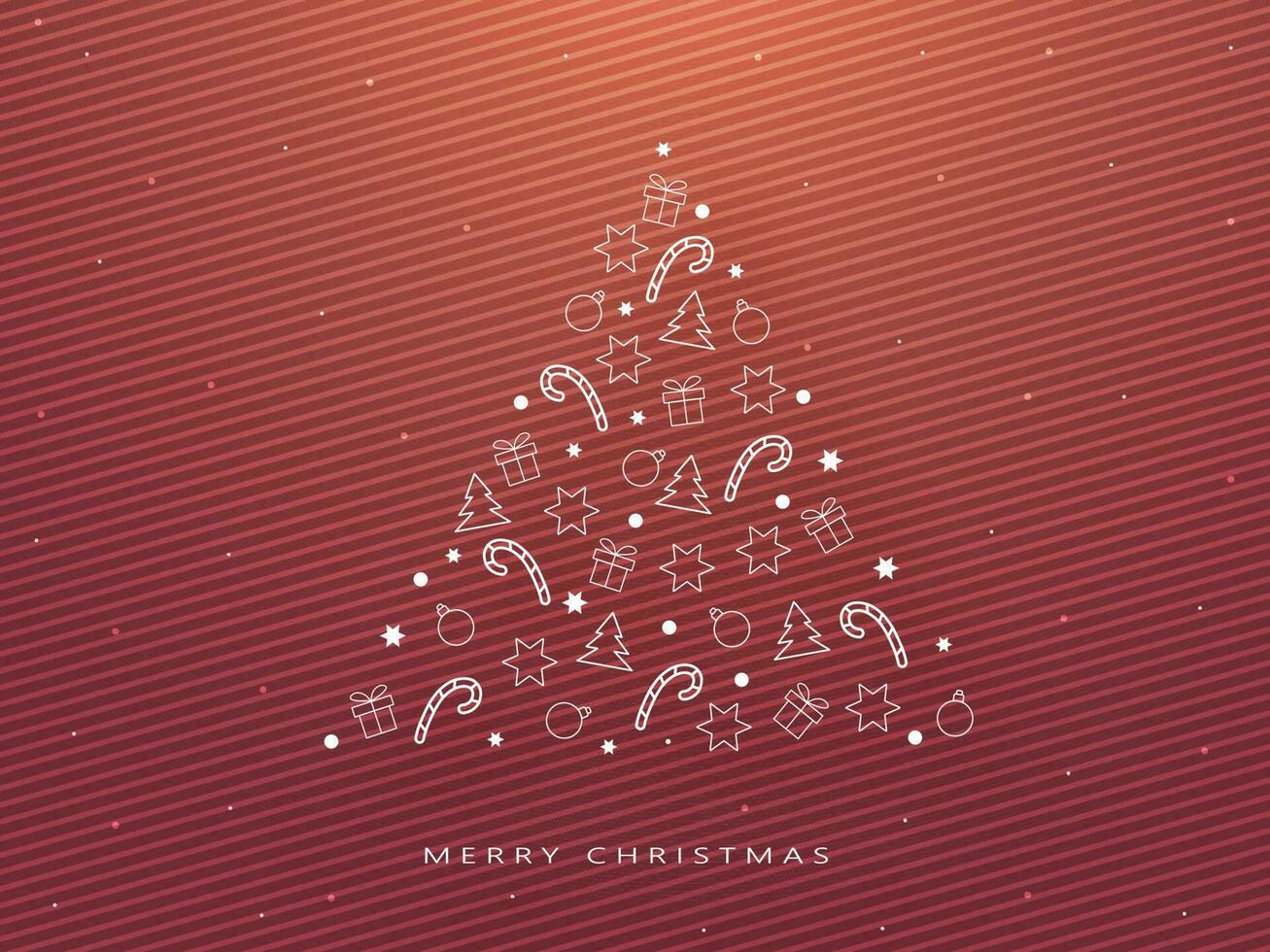 kreativ Weihnachten Baum gemacht durch Gekritzel Festival Element auf glänzend braun und rot gestreift Hintergrund zum fröhlich Weihnachten Feier. vektor