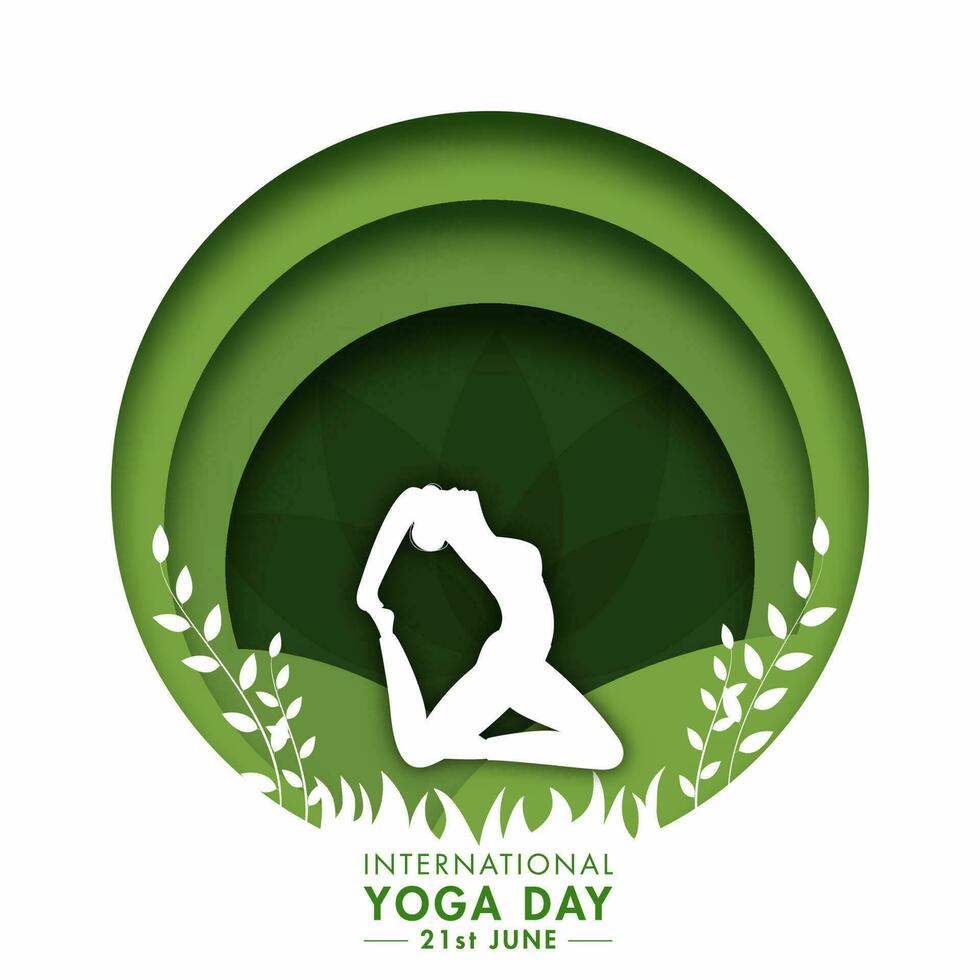 papper skära cirkel bakgrund med silhuett kvinna praktiserande yoga i kung duva utgör för 21:e juni, internationell yoga dag. vektor