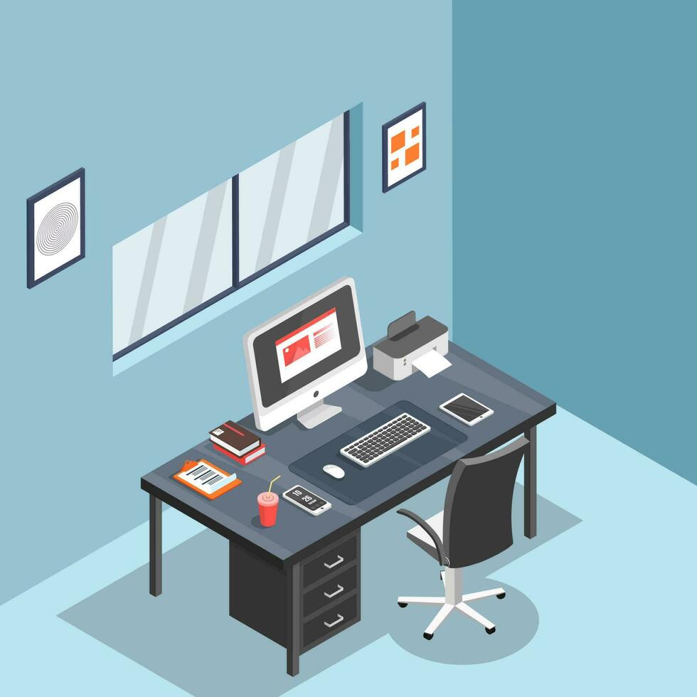 3d arbetsplats se av dator med skrivare, smartphone, läsplatta och böcker på skrivbord med stol. vektor