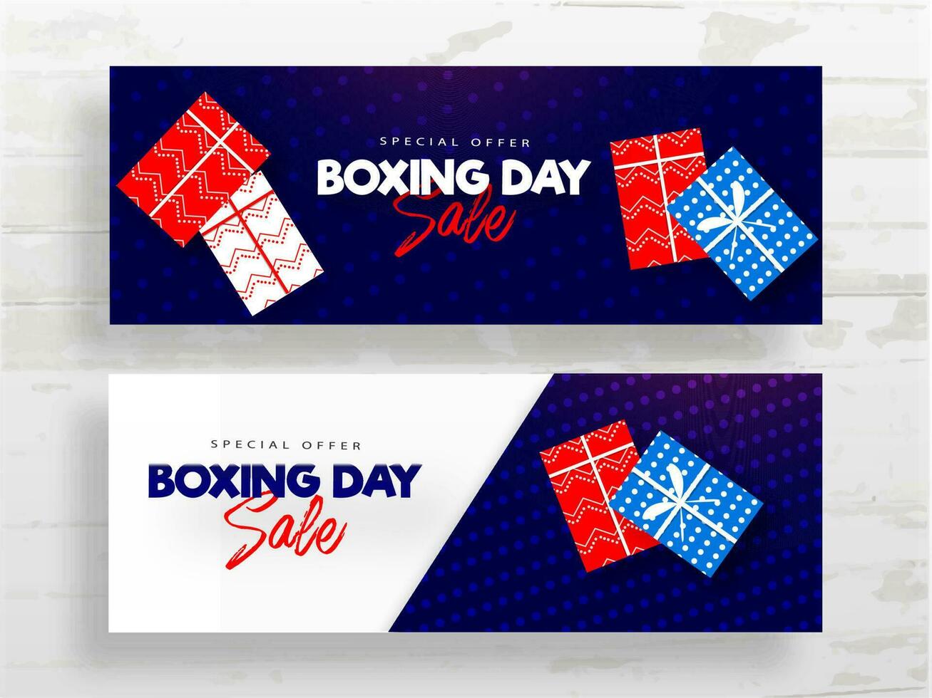 Boxen Tag Verkauf Header oder Banner Design einstellen mit oben Aussicht von Geschenk Kisten auf Weiß und Blau Punkte Hintergrund. vektor