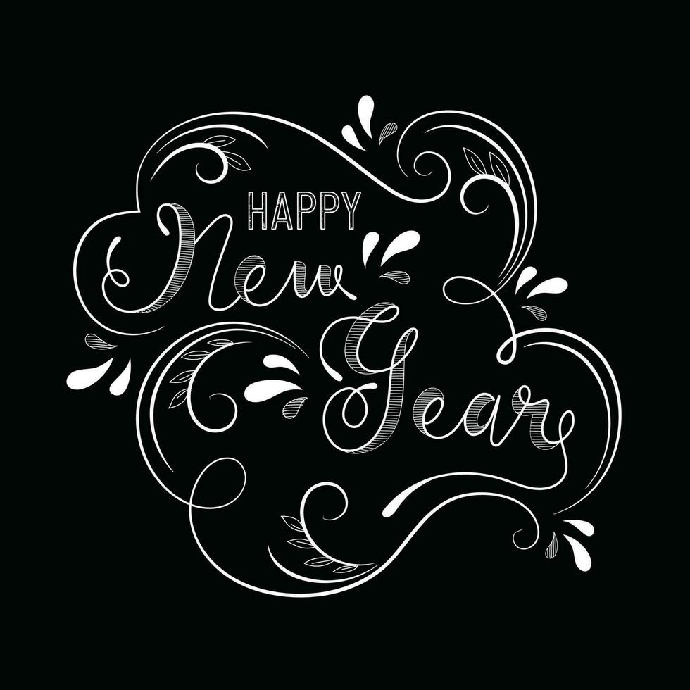 Skizzierung Kalligraphie von glücklich Neu Jahr auf schwarz Hintergrund. können Sein benutzt wie Gruß Karte Design. vektor