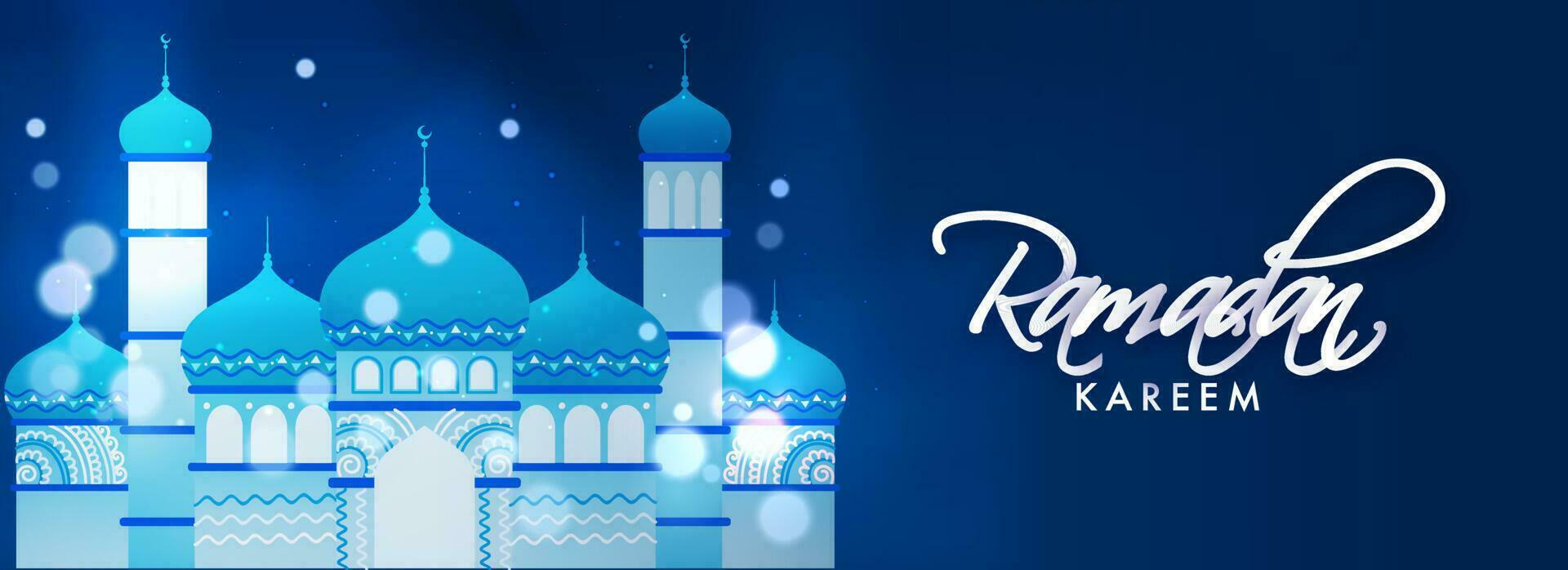 Ramadan kareem Schriftart mit Moschee Illustration und Bokeh bewirken auf Blau Hintergrund. vektor