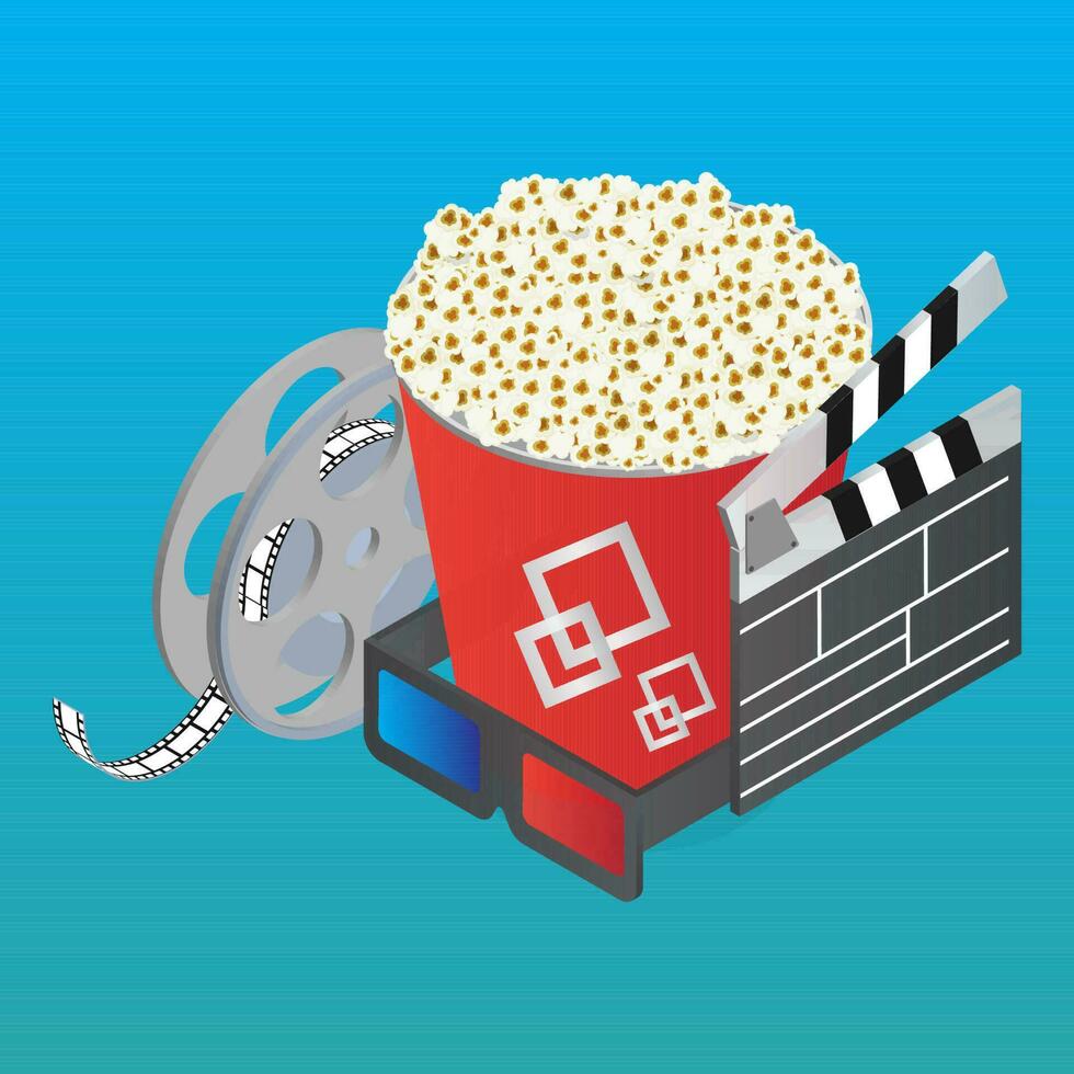 3d Illustration von Sanft trinken Glas mit Popcorn Eimer, Film Spule und Schindel auf Blau Hintergrund. vektor