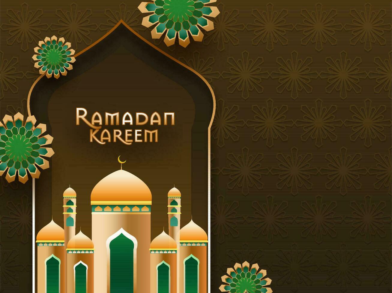 gyllene ramadan kareem text med glansig moské illustration på brun islamic mönster bakgrund. vektor