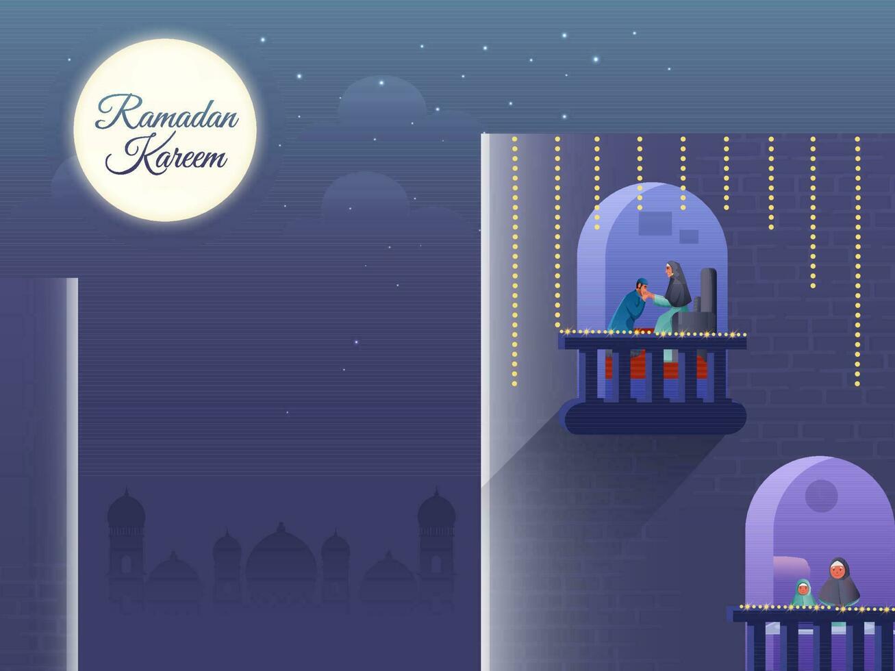ramadan kareem begrepp med muslim människor karaktär på balkonger fönster på full måne natt bakgrund. vektor
