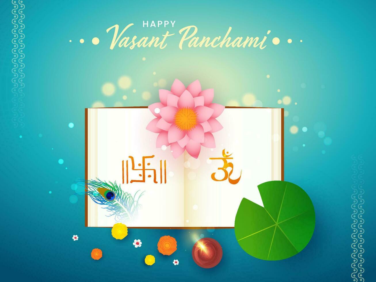 topp se av öppen helig bok med blomma, påfågel fjäder och belyst olja lampa på blå bokeh bakgrund för Lycklig vasant panchami. vektor