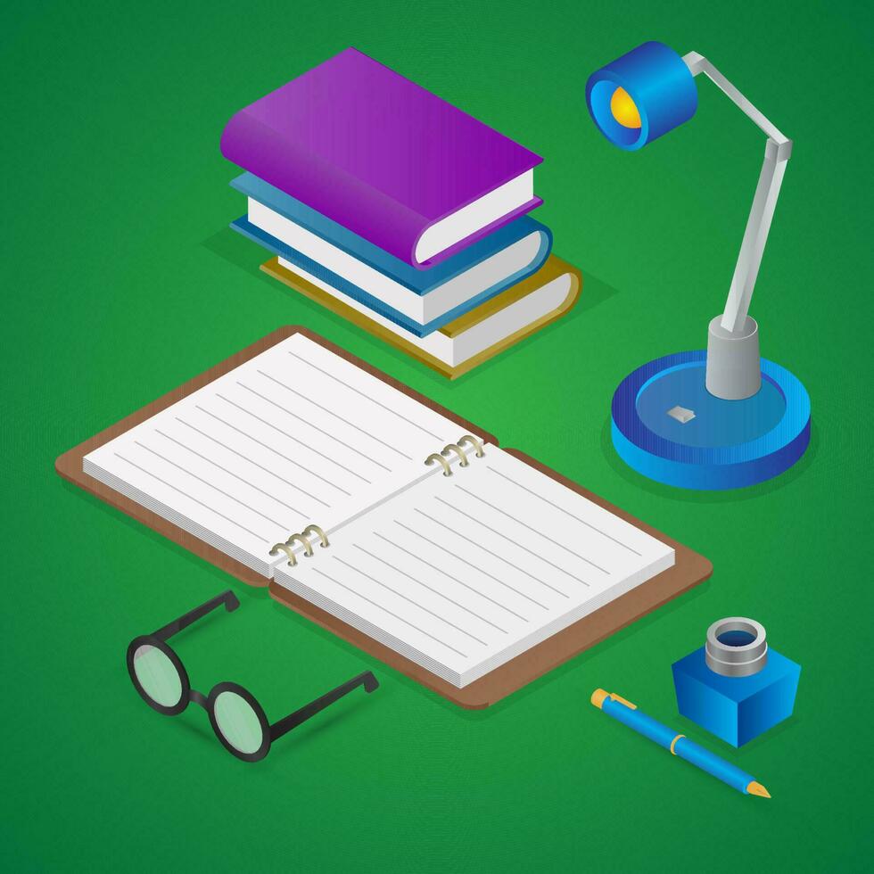 realistisch Aussicht von öffnen Buch mit Tabelle Lampe, Brille, Tinte Flasche und Stift auf Grün Hintergrund. vektor