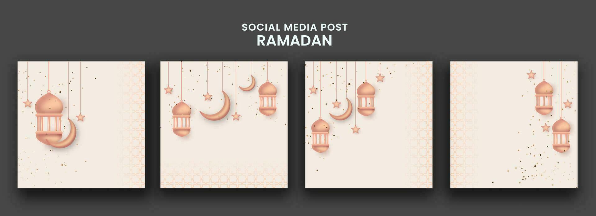 ramadan social media posta eller hälsning kort med lyktor, halvmåne månar, stjärnor hänga och Plats för text på bakgrund. vektor