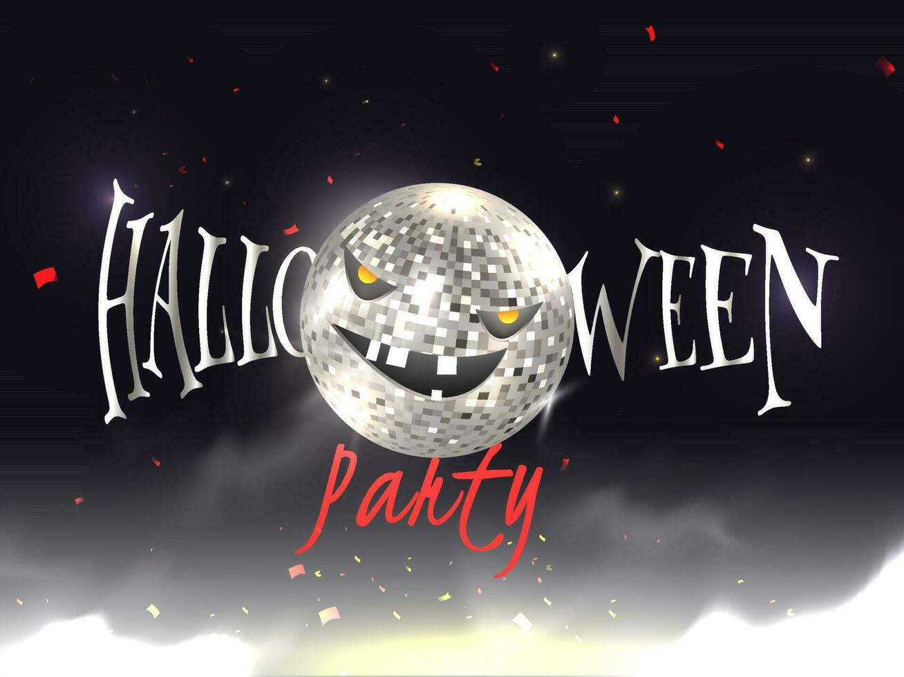 Kalligraphie Text von Halloween Party mit unheimlich Disko Ball auf rauchig Feuer Funke Hintergrund. vektor