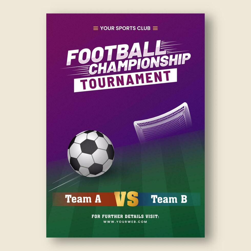 fotboll mästerskap turnering affisch design med delta team en mot b i lila och grön Färg. vektor