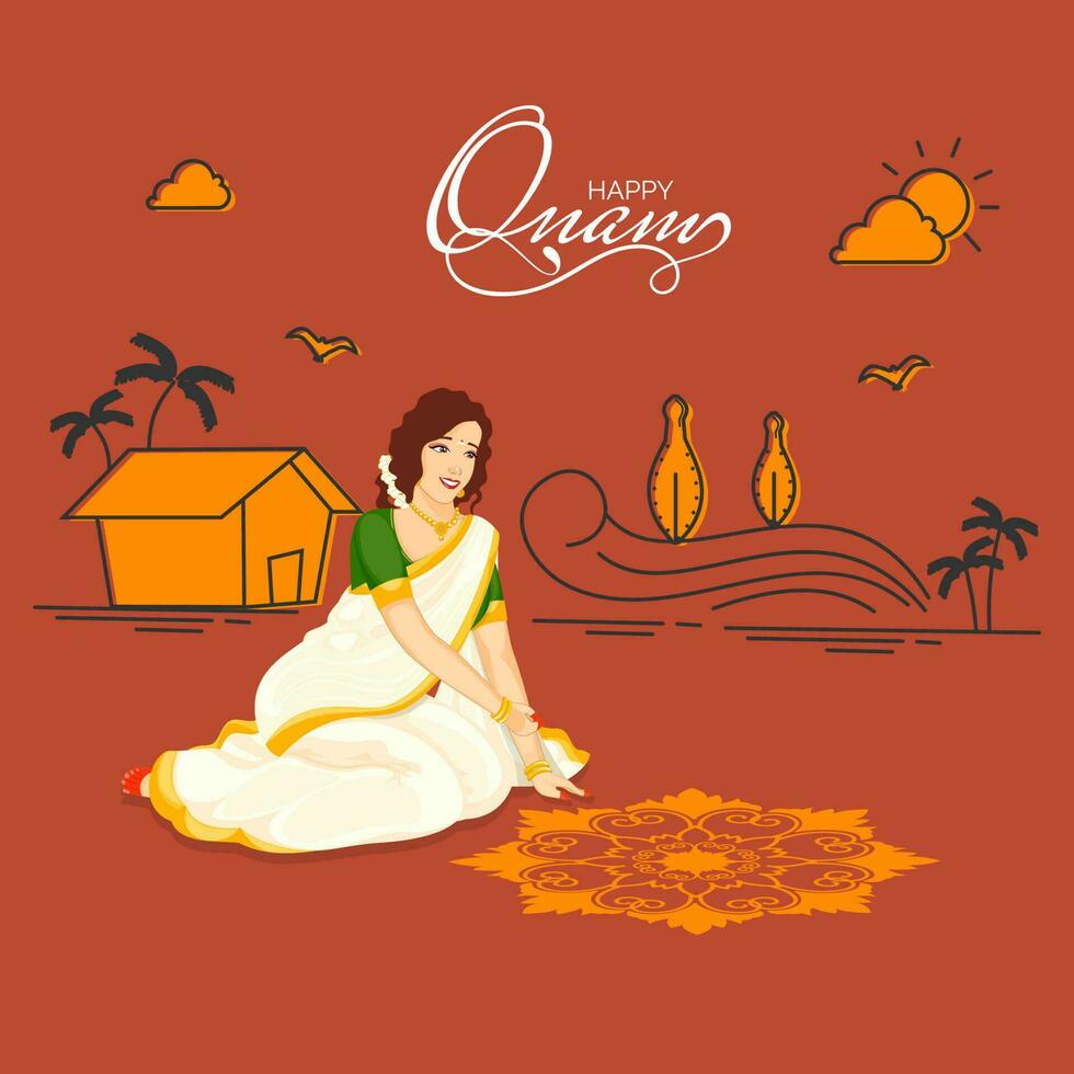glücklich Onam Feier Hintergrund mit Süd indisch Frau Herstellung ein Rangoli und Haus Illustration. vektor