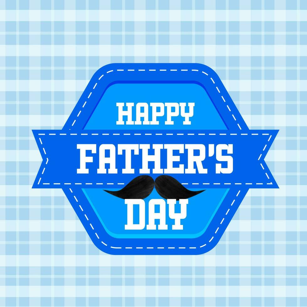 Lycklig fars dag text med svart mustasch på blå bakgrund. vektor