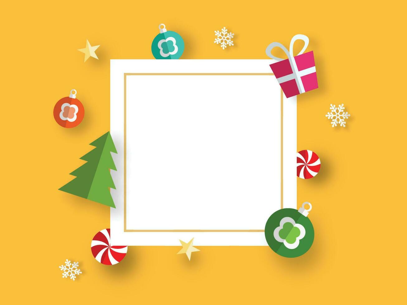 Papier Schnitt Stil Weihnachten Baum, Geschenk Kasten, Kugeln, Süssigkeit, Sterne und Schneeflocken dekoriert auf Gelb Hintergrund mit Raum zum Ihre Botschaft. können Sein benutzt wie Gruß Karte Design. vektor
