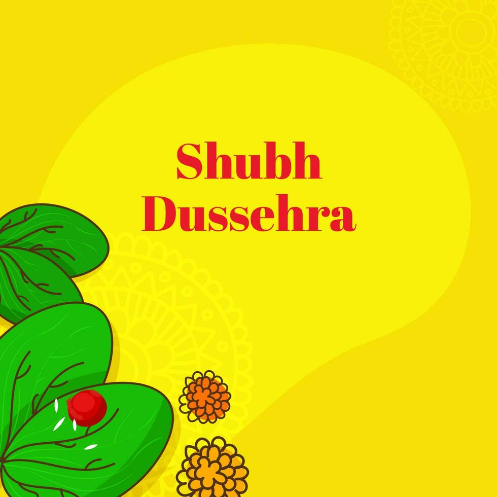 Lycklig Dussehra begrepp med roli ris över apta löv och blommor på gul bakgrund. vektor