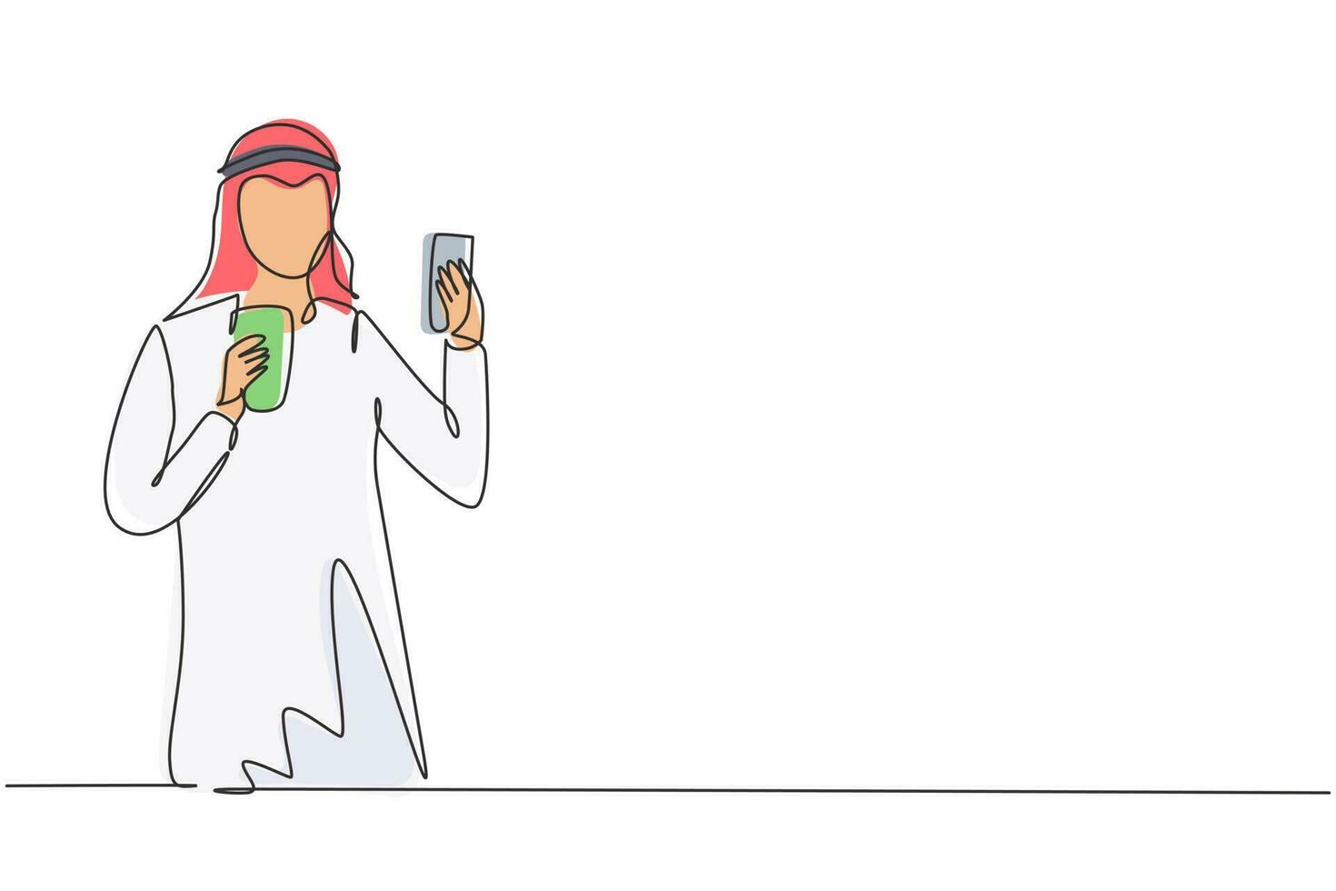 enda ett linje teckning leende arab man ser på mobil telefon och innehav glas av orange juice medan har frukost på Hem. modern kontinuerlig linje dra design grafisk vektor illustration