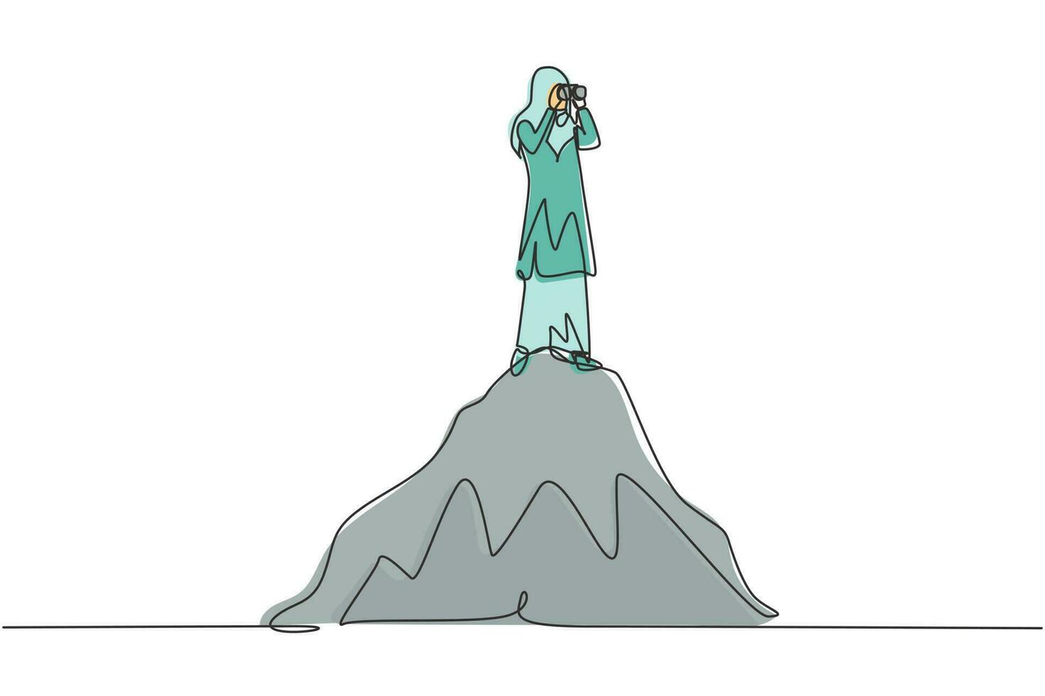 enda en rad ritning arabisk affärskvinna står på kullen medan du tittar på kikare. symbol ledarskap, strategi, uppdrag, mål. kontinuerlig linje rita design grafisk vektorillustration vektor