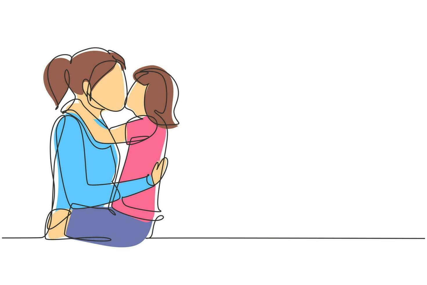 enda kontinuerlig linjeteckning söt liten flicka kramar och kysser sin vackra mamma på kinden när hon sitter på sängen hemma. mors dag. dynamisk en rad rita grafisk design vektorillustration vektor