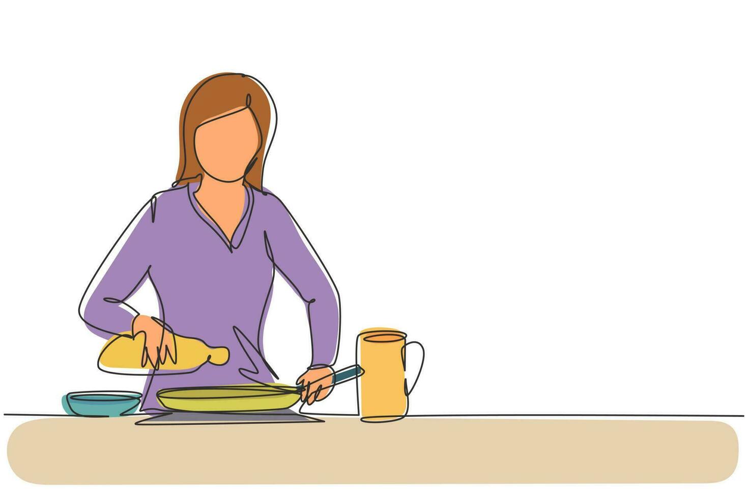 Kontinuierliche eine Linie zeichnen schöne Frau, die Speiseöl aus der Flasche in die Pfanne auf dem Herd gießt. bereiten Sie das Essen in der gemütlichen Küche zu. zu Hause kochen. Einzeilige Zeichnung Design Vektorgrafik Illustration vektor