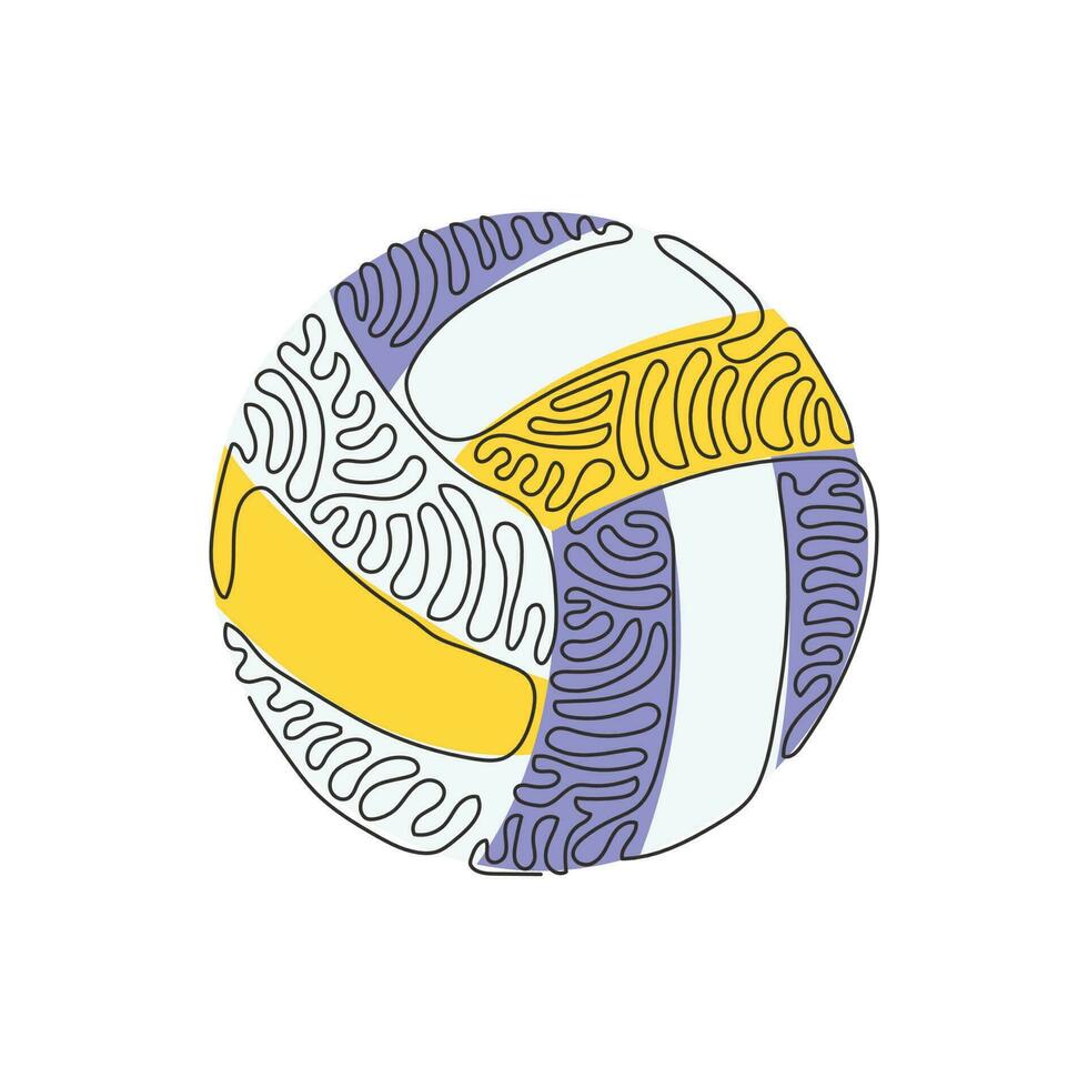 fortlaufende einzeilige Zeichnung Leder-Volleyball-Symbol oder Logo. Volleyball-Ballsport-Aktivitätsspiel-Wettkampfturnier. Swirl-Curl-Stil-Konzept. einzeiliges zeichnen design vektorgrafik illustration vektor