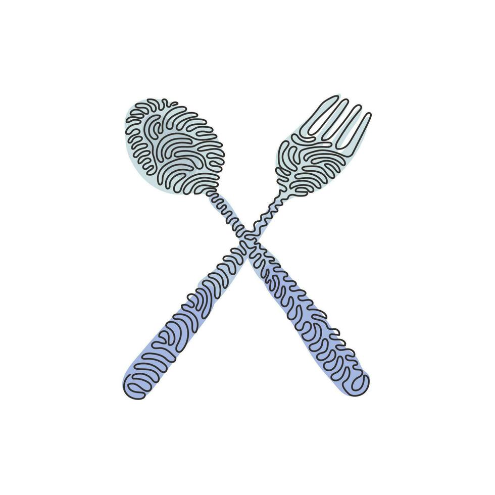 einzelne durchgehende Strichzeichnung gekreuztes Löffel- und Gabelsymbol. Restaurant-Symbol. Besteck einfaches flaches Design. Swirl-Curl-Stil auf weißem Hintergrund. eine linie zeichnen grafikdesign-vektorillustration vektor