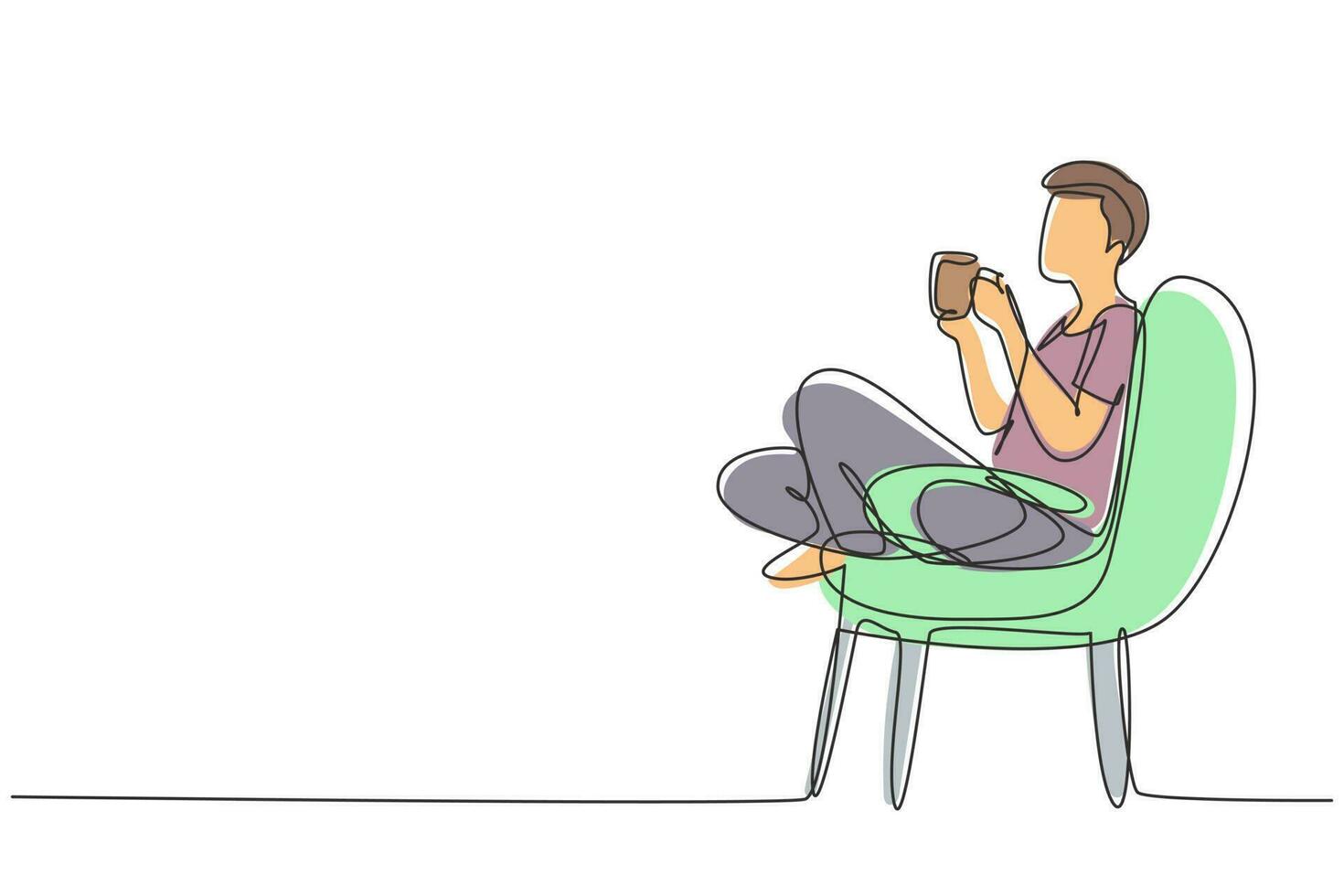 enda kontinuerlig linjeritning tetid. avslappnad stilig pojke som sitter i modern stol, njuter av varmt kaffe framför fönstret, sidovy, ledigt utrymme. en rad rita grafisk design vektorillustration vektor