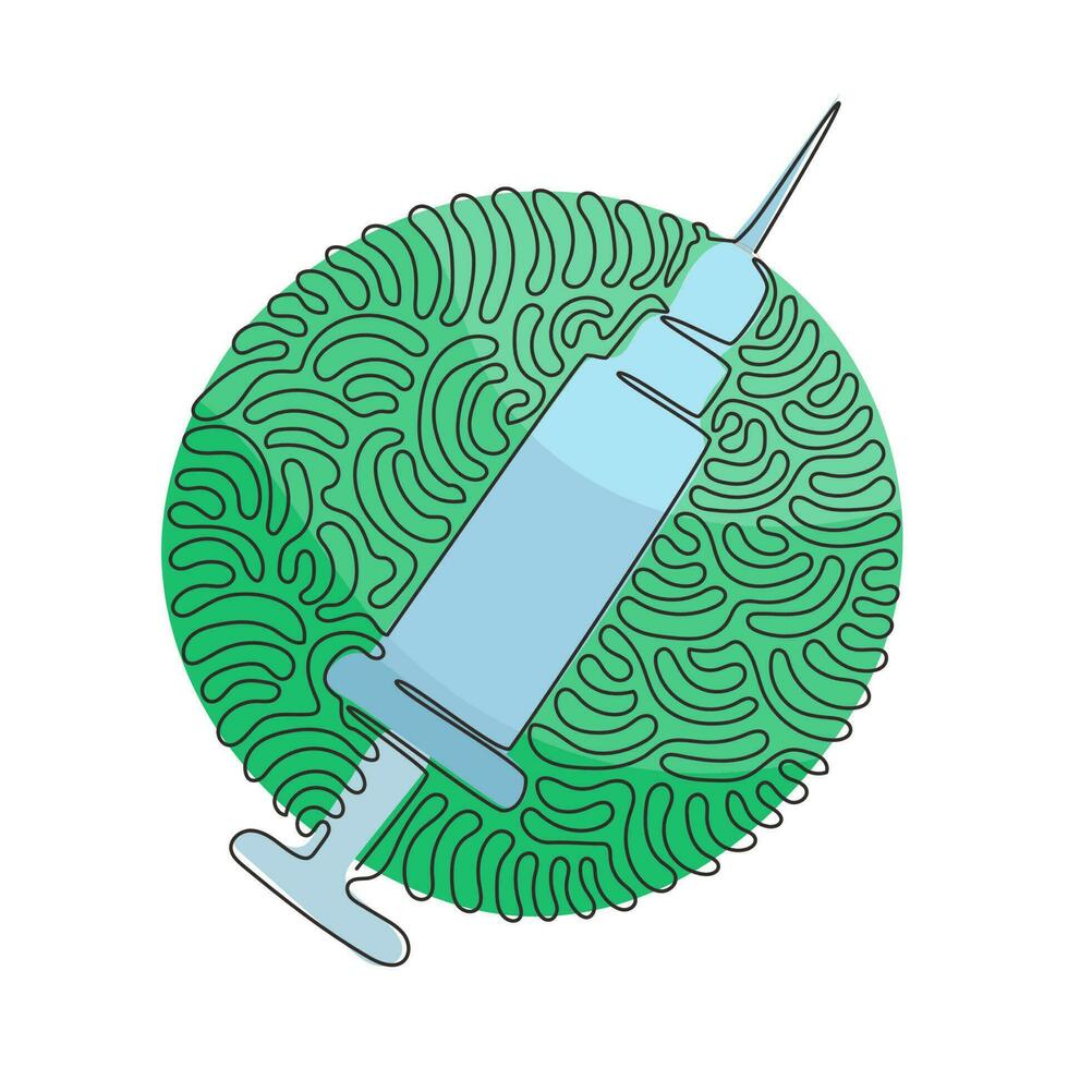 enda en rad ritning injektion spruta ikon. medicinsk logotyp för injektion. vaccin och medicin symbol. swirl curl cirkel bakgrundsstil. modern kontinuerlig linje rita design grafisk vektorillustration vektor