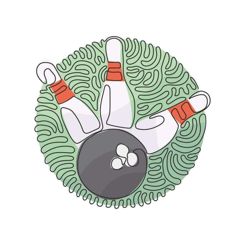 kontinuierliche einzeilige zeichnung bowlingkugel und stifte. Sportausrüstung. Bowlingkugel, die gegen Pins prallt. Schlagbolzen für Bowlingkugeln. Wirbel-Curl-Kreis-Hintergrundart. einzeiliger Entwurfsvektor vektor