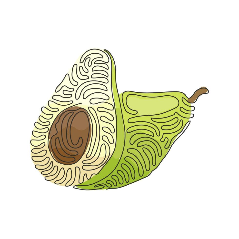 kontinuerlig en rad ritning hel avokado och hälften med frö. hälsosam vegansk vegetarisk mat. välsmakande förrätt till middag hemma. swirl curl stil. enda rad rita design vektorgrafisk illustration vektor