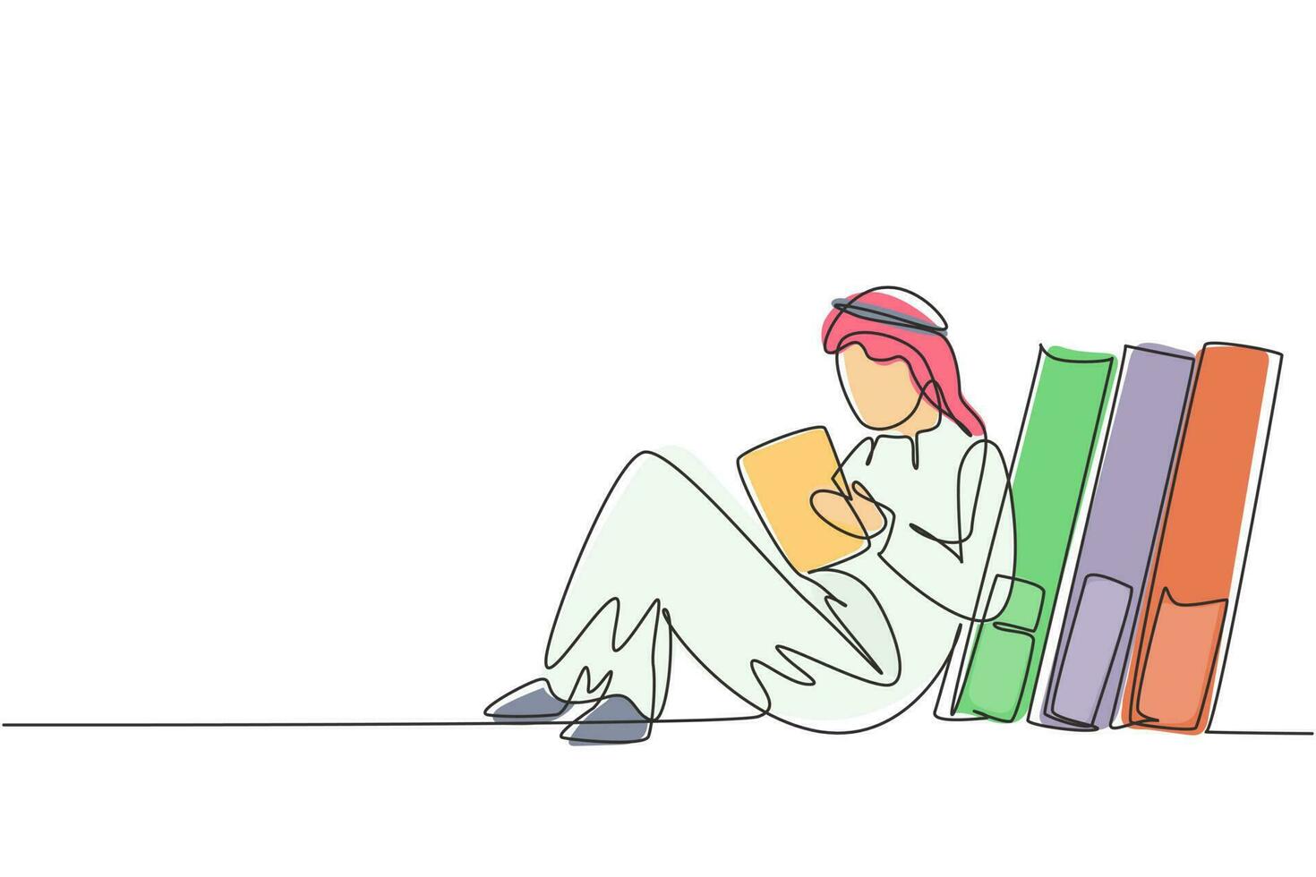 einzelne durchgehende Linie, die junge arabische Männer liest, lernt und sich auf einem Stapel großer Bücher ausrichtet. zu Hause lernen. intelligenter Student, Bildung. dynamische eine linie zeichnen grafikdesign vektorillustration vektor