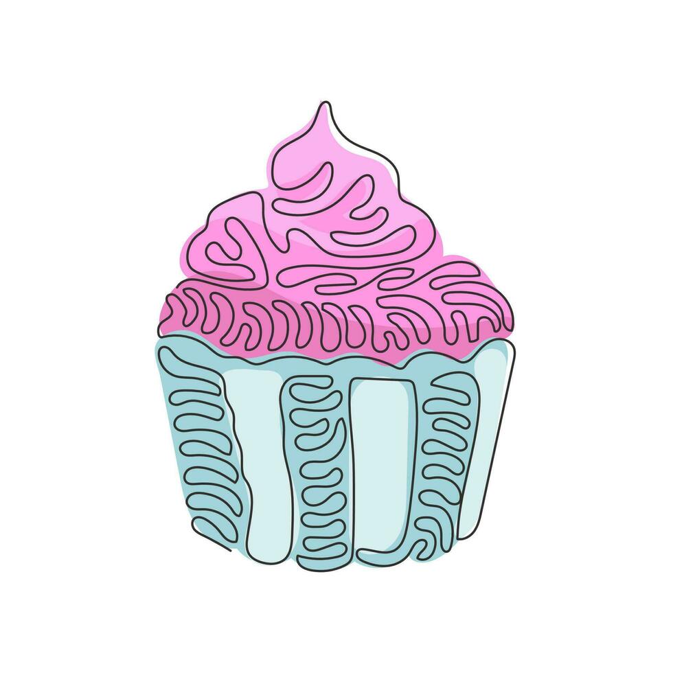 kontinuerlig en rad ritning smaskiga cupcake. söt välsmakande tårta. utsökt efterrätt till middag i restaurangen. mellanmål i födelsedagsfest. swirl curl stil. enda rad rita design vektorgrafisk illustration vektor
