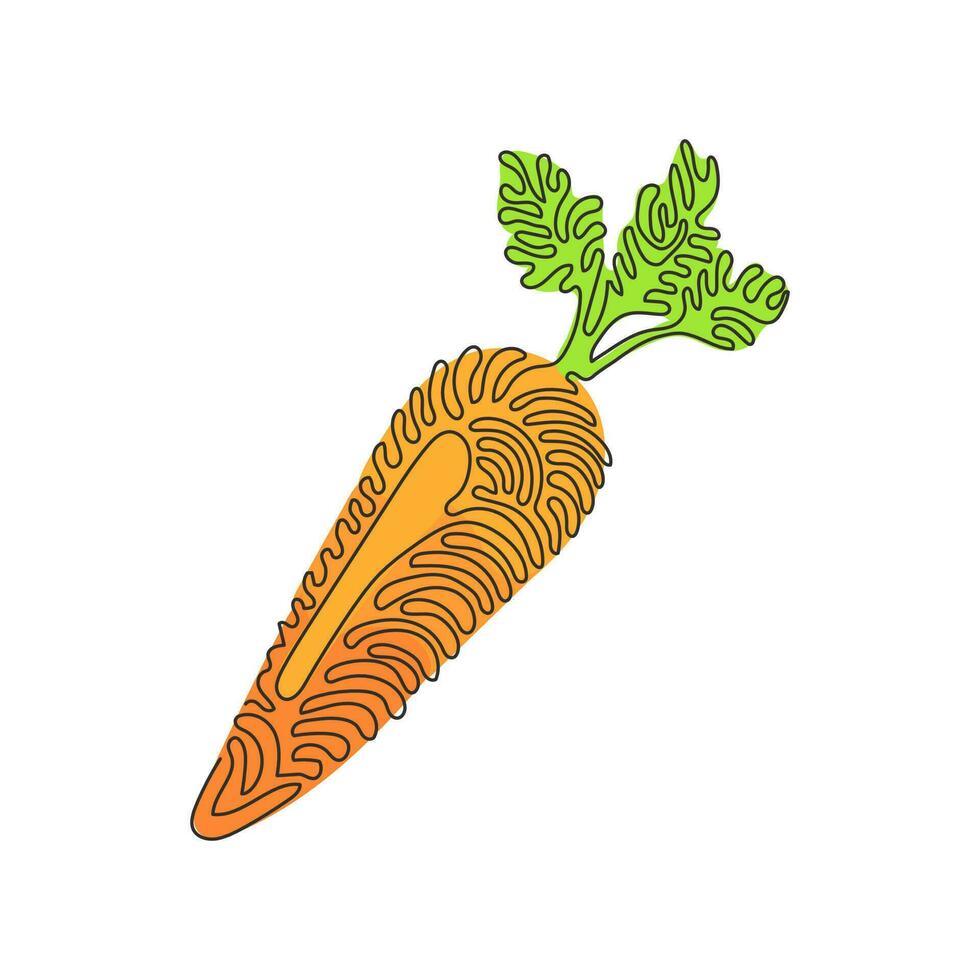 kontinuierlich einer Linie Zeichnung frisch Orange Karotte mit Grün Blätter, Gesundheit Lebensmittel. Karotte frisch Gemüse gesund Lebensmittel. Strudel locken Stil Konzept. Single Linie zeichnen Design Vektor Grafik Illustration