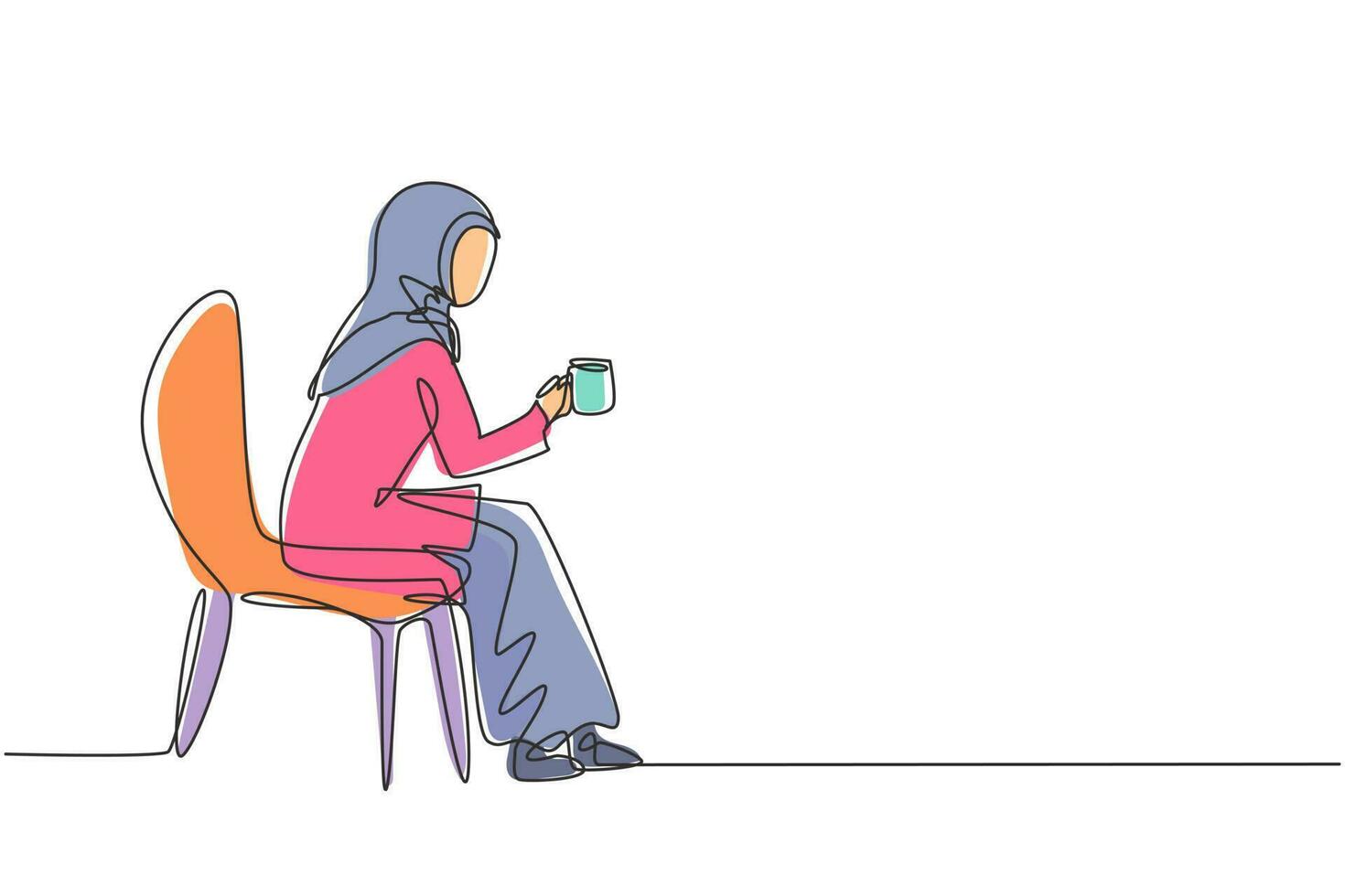 enda kontinuerlig linje teckning ung arab flicka Sammanträde i modern stol, njuter kaffe i främre av fönster på mysigt Hem, sida se begrepp. dynamisk ett linje dra grafisk design vektor illustration