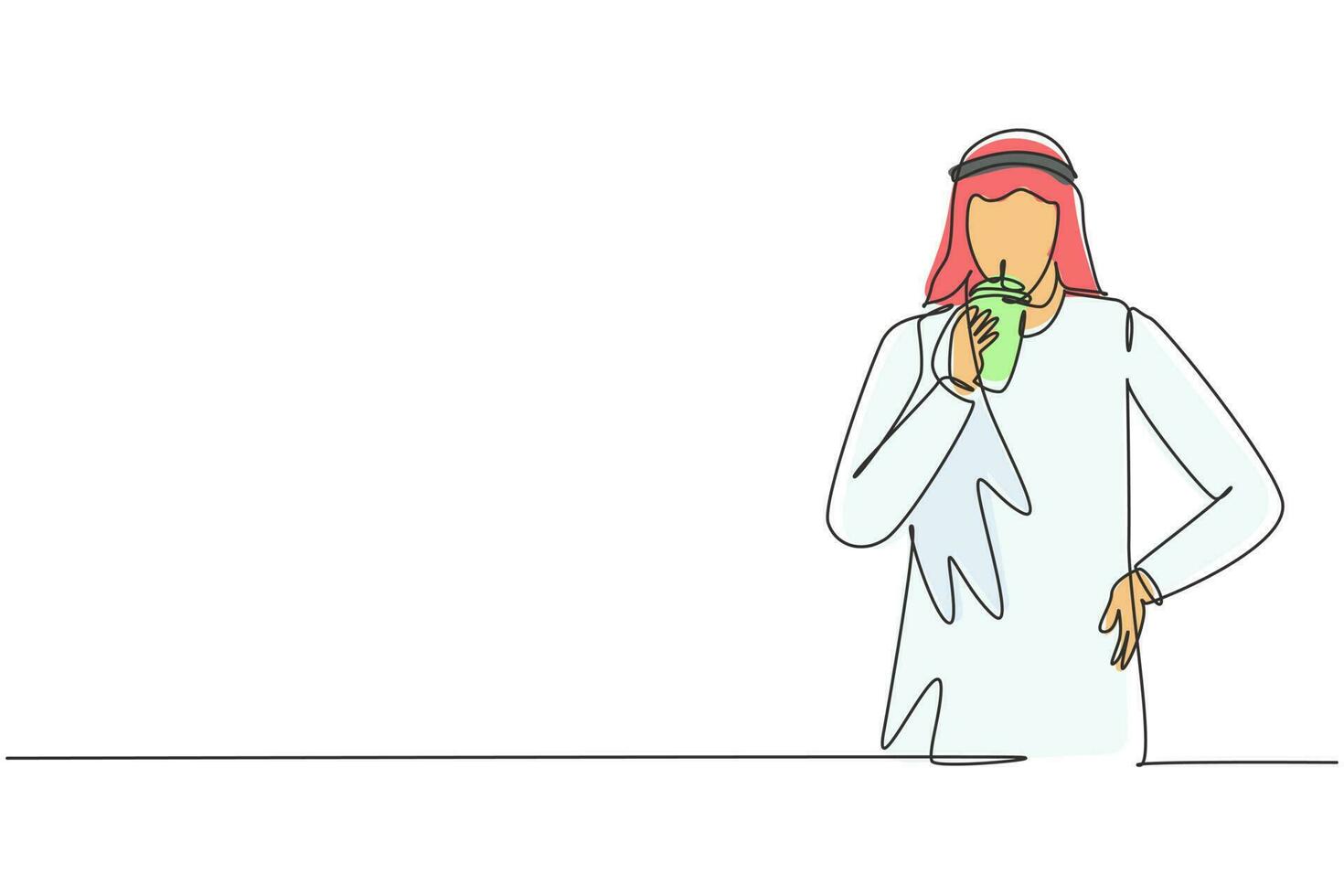 kontinuerlig ett linje teckning porträtt av ung arab stilig manlig dricka orange juice från plast kopp. göra honom uppfriskande i sommar säsong. enda linje dra design vektor grafisk illustration