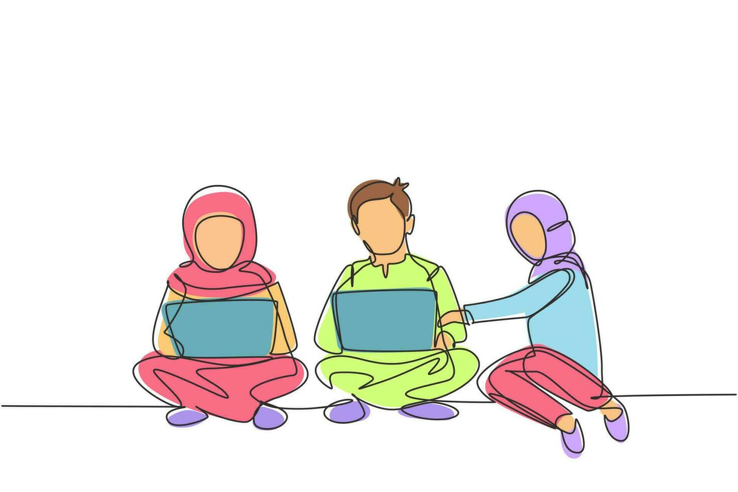 enda kontinuerlig linje som ritar tre arabiska studenter som studerar med laptop och sitter på golvet tillsammans. tillbaka till skolan, online utbildning koncept. en rad rita grafisk design vektorillustration vektor