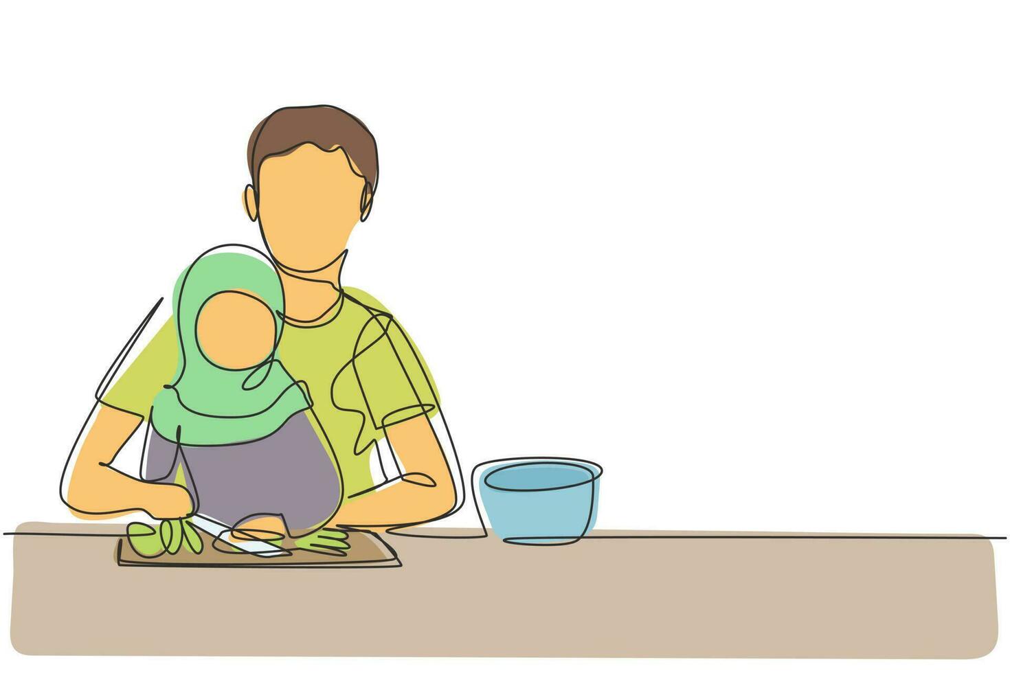 Kontinuierlicher arabischer Vater mit einer Linie, der seiner kleinen Tochter beibringt, Gemüse und Obst zu schneiden. gesundes Essen zu Hause. glückliche Familie in der Küche. Einzeilige Zeichnung Design Vektorgrafik Illustration vektor