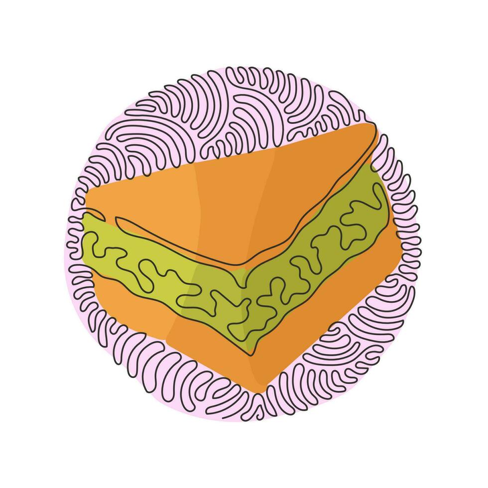 einzelne einzeilige zeichnung von köstlichen saftigen sandwiches gefüllt mit gemüse, käse, fleisch, kotelett. Wirbel-Curl-Kreis-Hintergrundart. moderne grafische vektorillustration des ununterbrochenen zeichnendesigns vektor