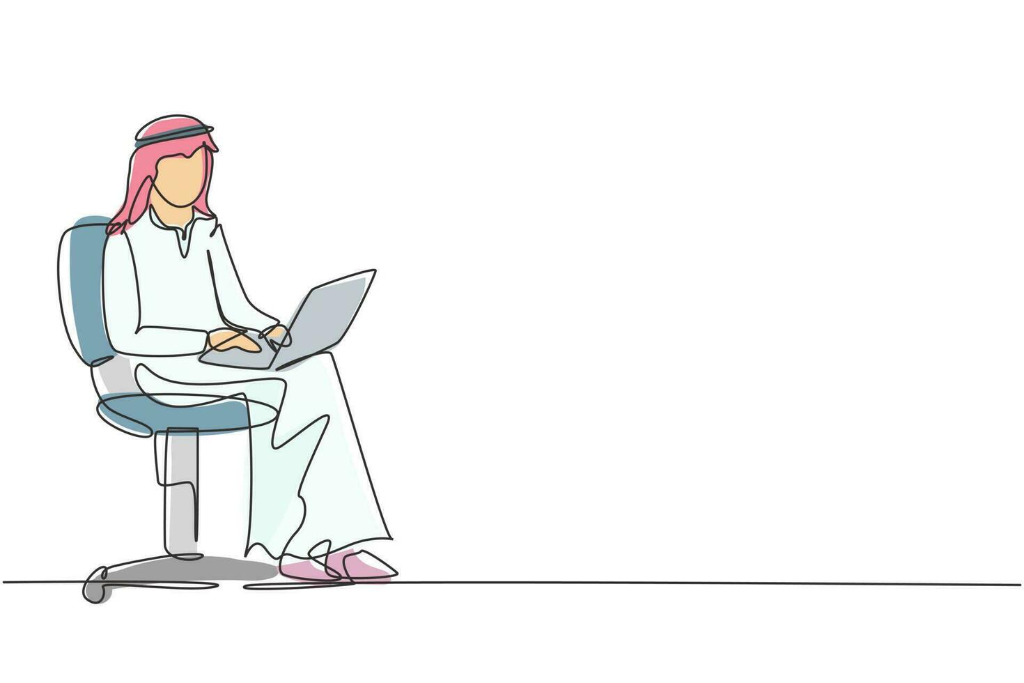 enda kontinuerlig linjeritning arabisk hane med laptop sitter på stolen. frilans, distansutbildning, onlinekurser och studiekoncept. dynamisk en rad rita grafisk design vektorillustration vektor