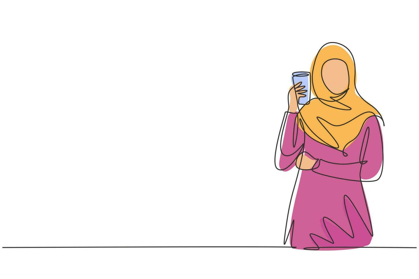 Single kontinuierlich Linie Zeichnung Porträt von glücklich schön arabisch Frau halten Glas von Orange Saft. machen ihr erfrischend im Sommer- Jahreszeit. dynamisch einer Linie zeichnen Grafik Design Vektor Illustration