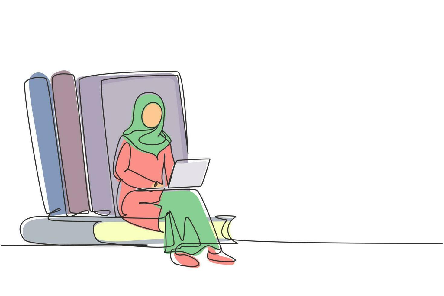 enda kontinuerlig linjeteckning arabisk kvinna studerar med laptop och sitta och luta sig mot stora böcker. tillbaka till skolan, intelligent student, onlineutbildning. en rad rita grafisk design vektorillustration vektor