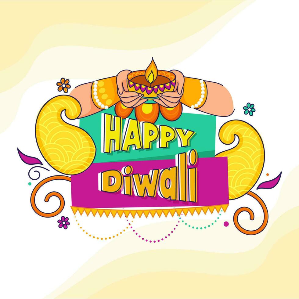 glücklich Diwali Schriftart mit weiblich Hände halten zündete Öl Lampe auf Gelb und Weiß Hintergrund. vektor